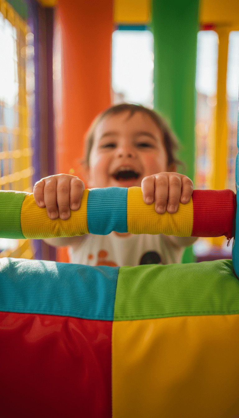 Close-up of a child's hands gripping a colorful climbing grip