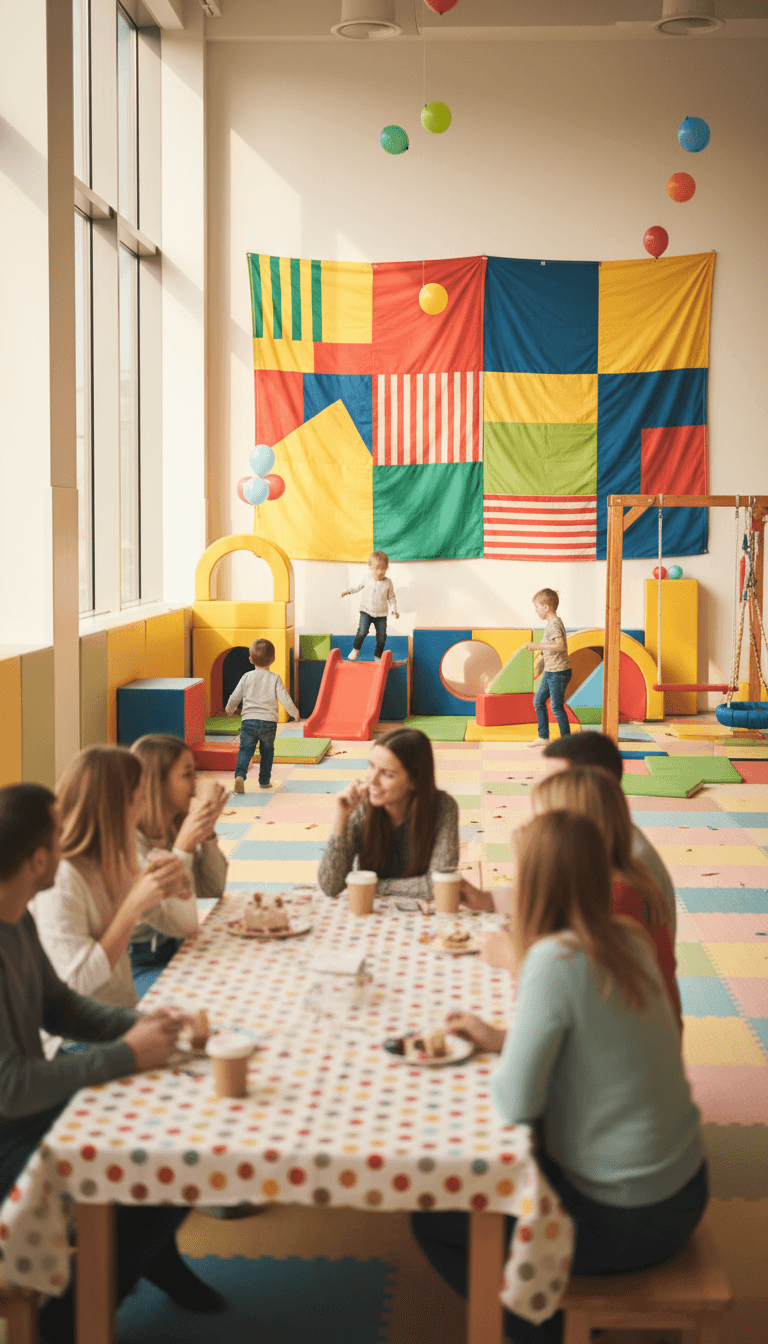 Birthday party in progress with kids playing and parents talking