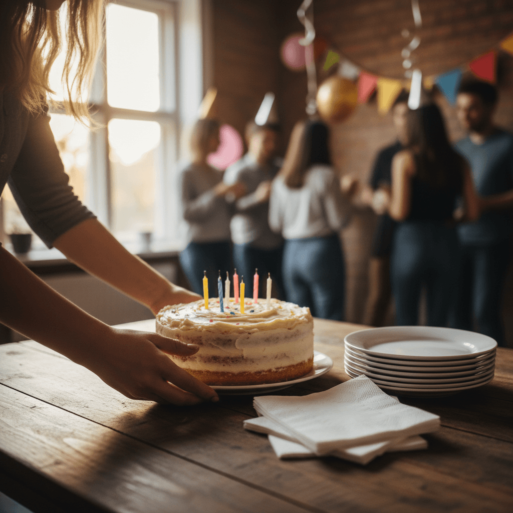Hands placing birthday cake on table