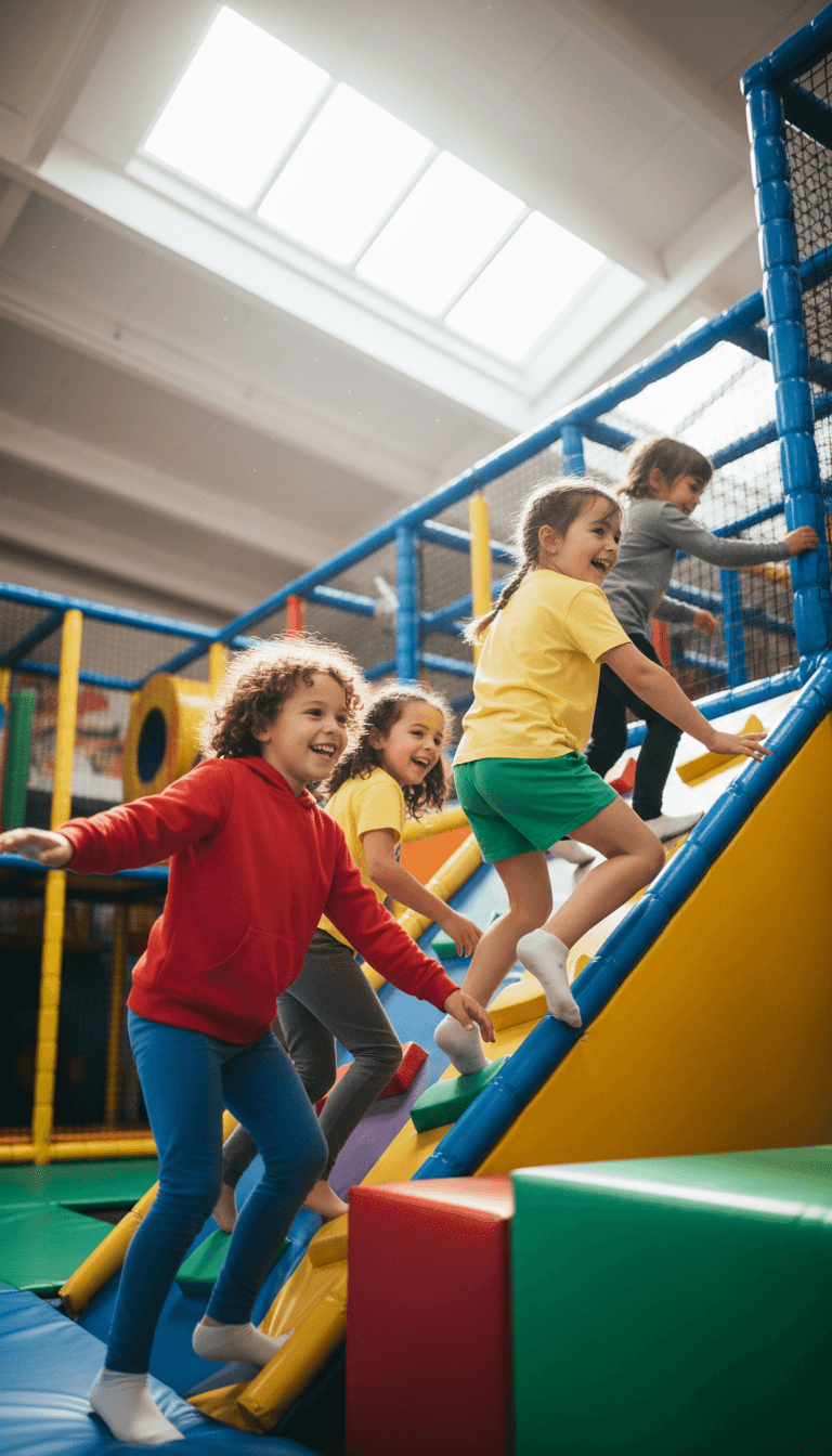 Kids laughing while climbing the colorful play structure