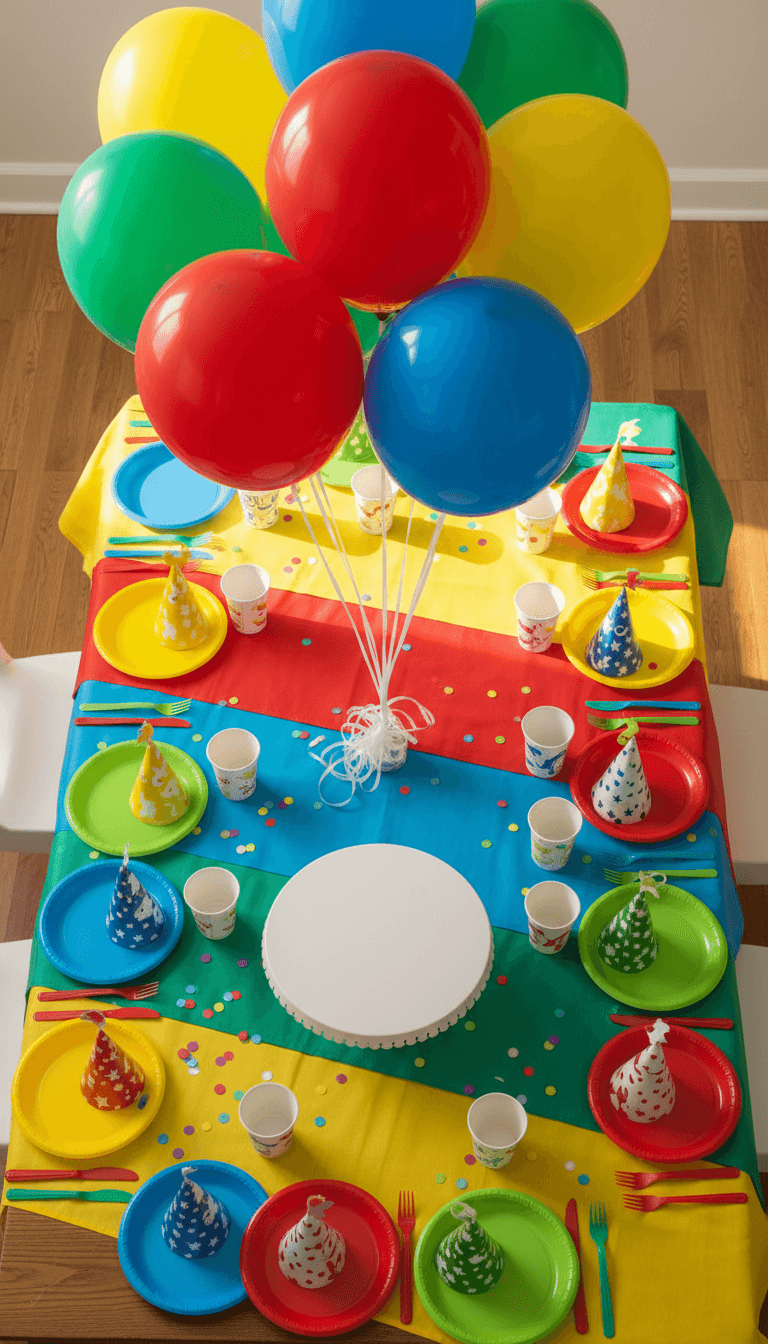 Colorful birthday party table setup with balloons