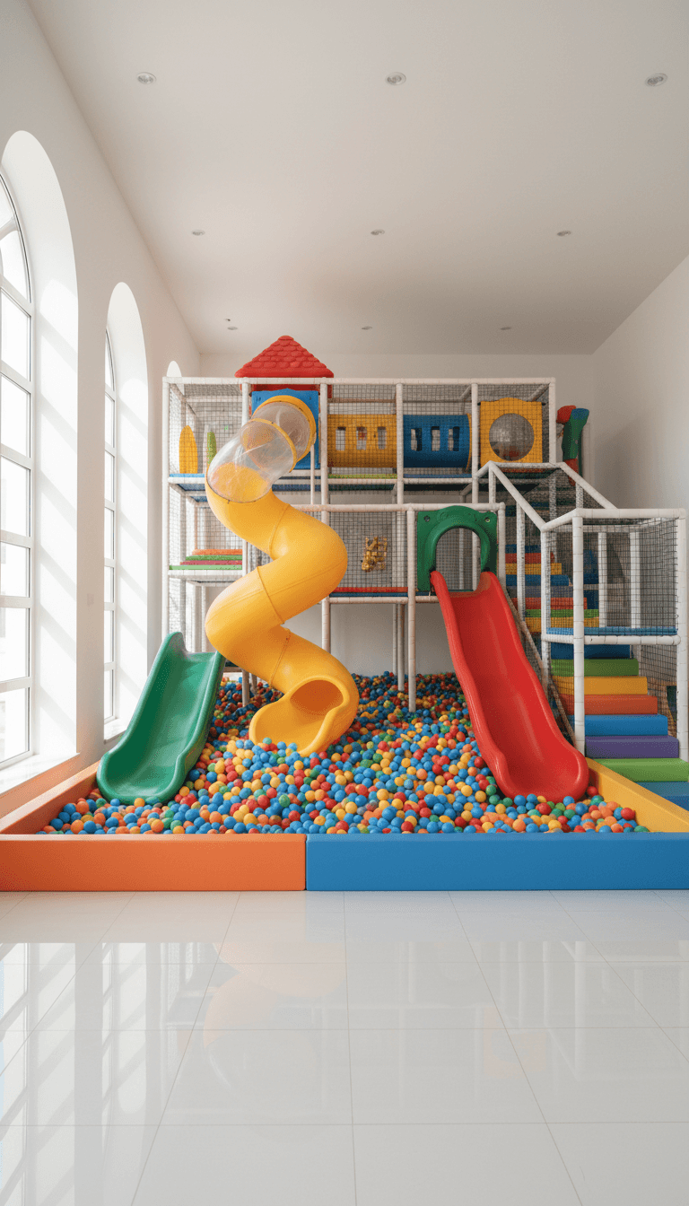 Bright indoor playground with colorful play structures and slides