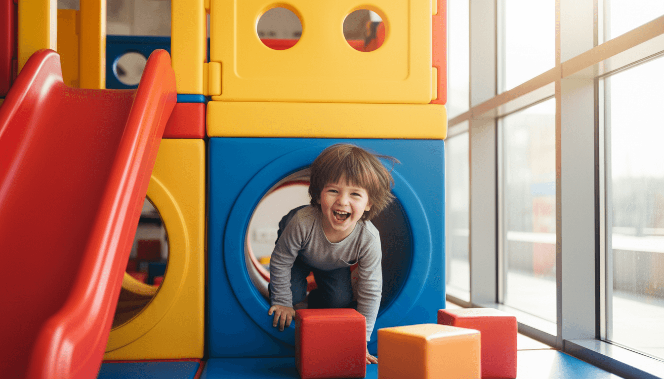 Child laughing while climbing colorful soft-play structure at an indoor playground