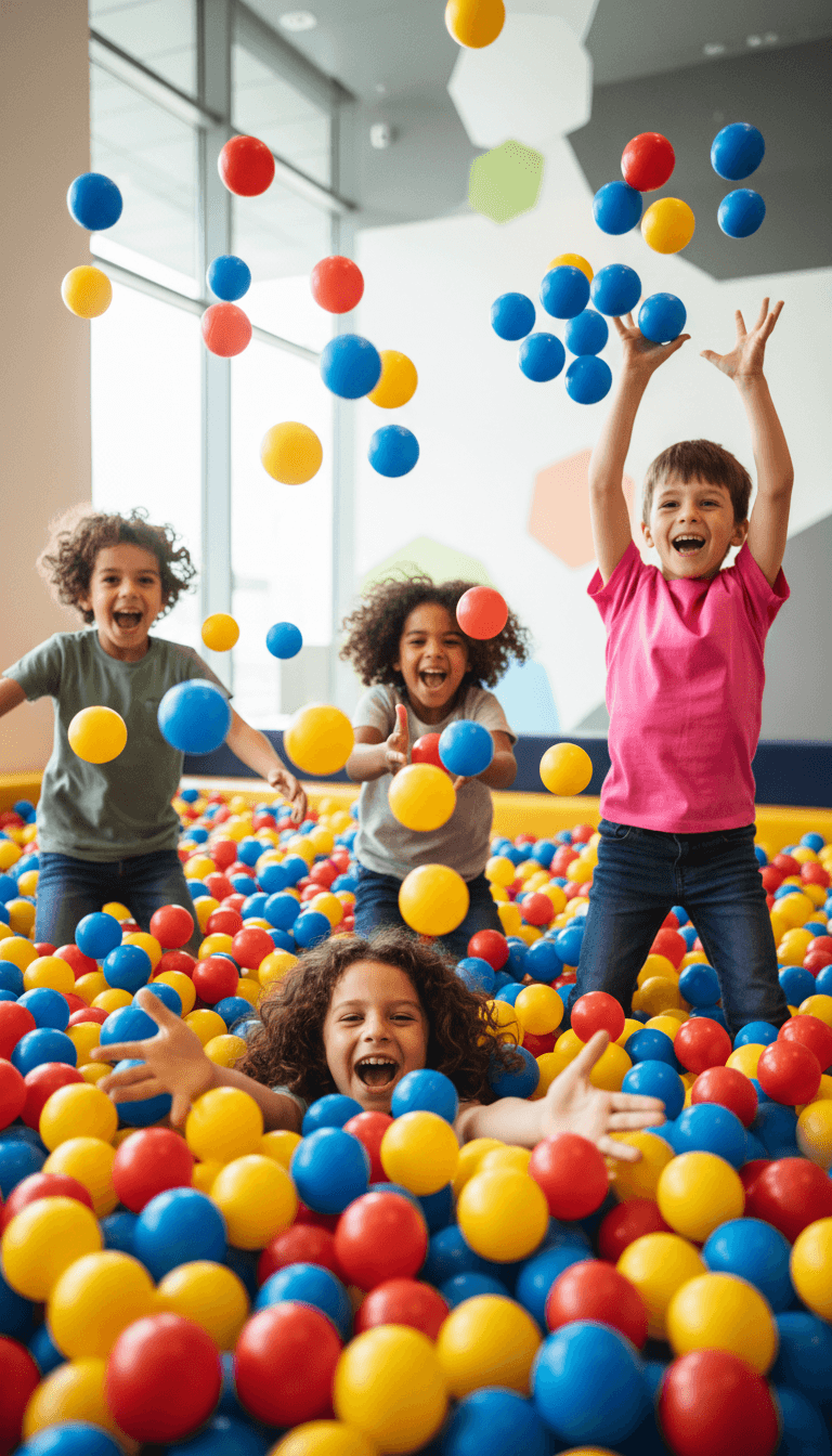 Kids playing and diving in a colorful ball pit